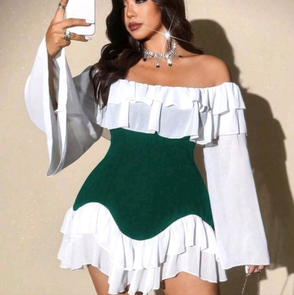 Shein Viva Relle 2XL Women's Elegant Romantic Sexy Green & White Ruffle Dress - Picture 7 of 7